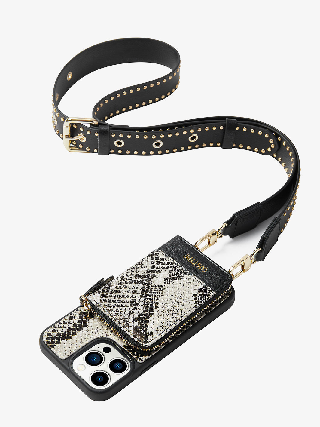 Wild snake spliced rivet crossbody strap phone case wallet case iphone 14 pro max