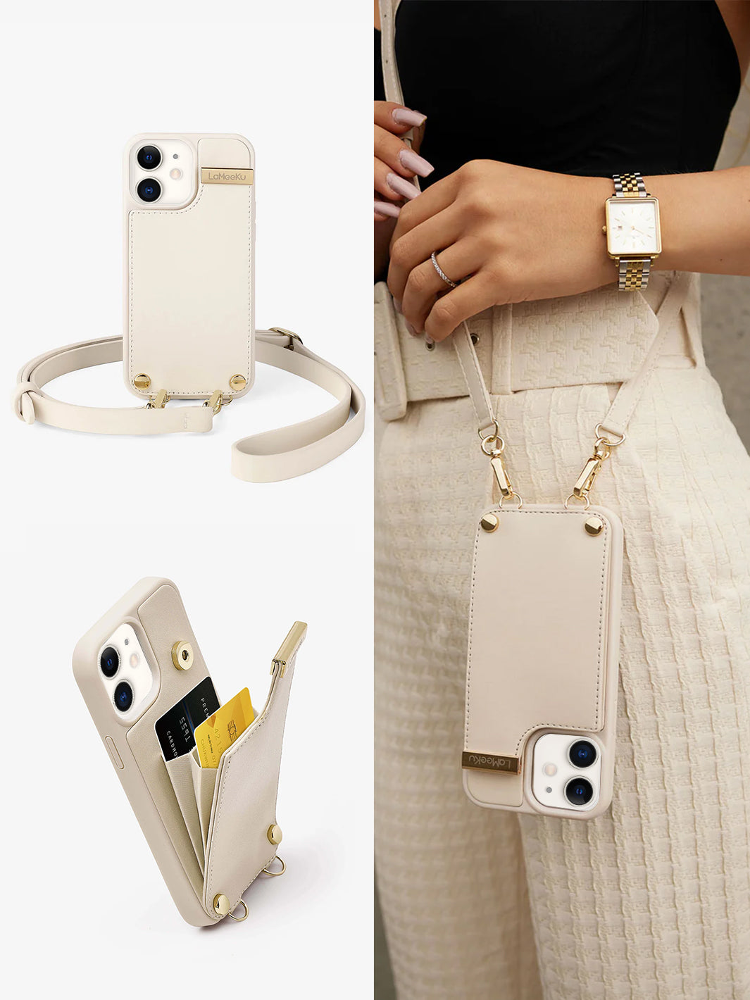 Elegant Metal Crossbody iPhone Cover Case Phone Wallet Pouch Beige-8