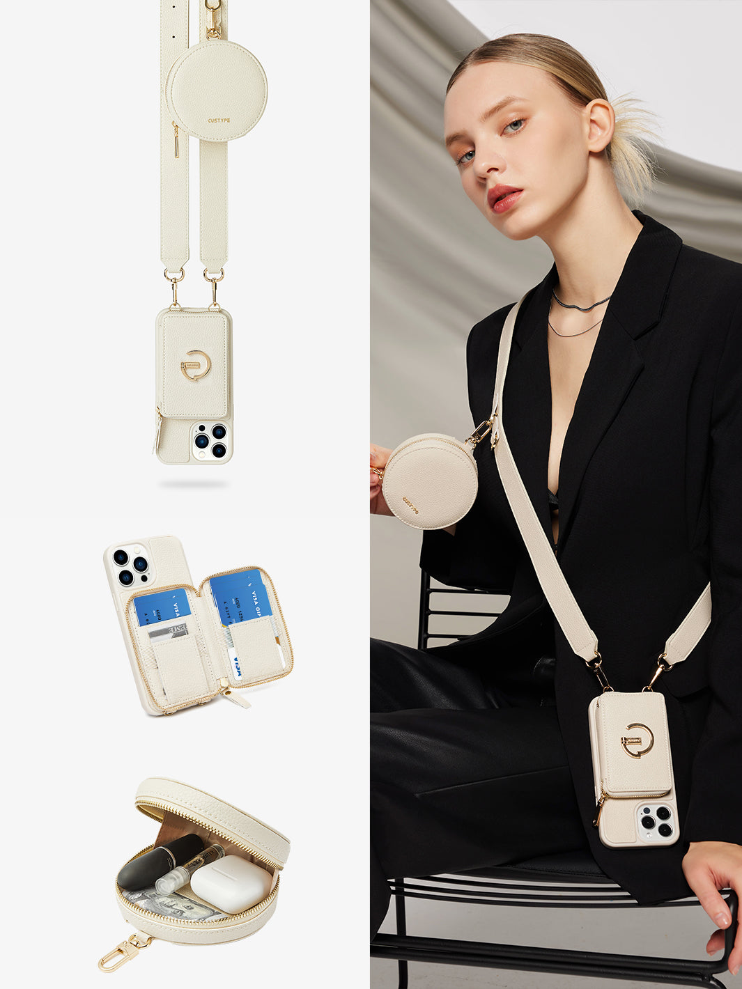 Elegant Kit- E Stand Phone Case Round Pouch Set-beige